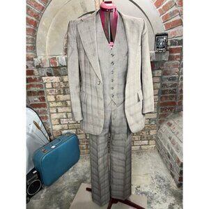 suit 3 piece plaid black brown red 1980s